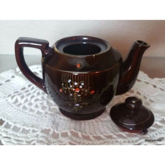 Antqiue Occupied Japan Teapot Brown Glazed Ceramic Hand Painted Flowers - Picture 11 of 12